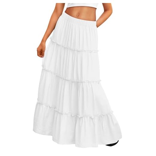 Trendy Queen Vacation Outfits Summer Clothes Maxi Skirt 2025 Boho Dress White Flowy Dresses with Pockets M