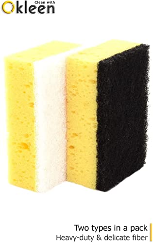 Image of Yellow Multi Use Scrub Sponge. Made in Europe. 9 Pack, 4.3x2.8x1.4 inches. Odorless Heavy Duty and Non Scratch Fiber. Durable and Delicate Scrubber for Hard Dirty Surfaces in Daily Cleaning
