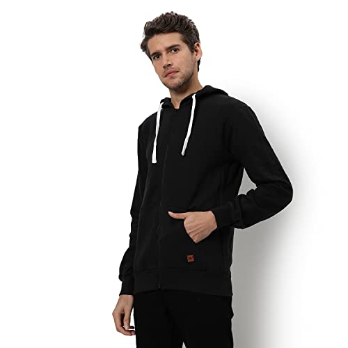 Image of CAHOOT Men's Dark Blue Zip-Front Hoodie with Contrast Drawstring for Casual Wear | Long Sleeve | Hooded Neck | Zipper Closure | Cotton Sweatshirt Crafted with Comfort Fit for Everyday Wear