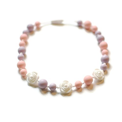 White Roses Silicone Oral Sensory Autism Chewable Chew Necklace 20'' - Bitey Beads