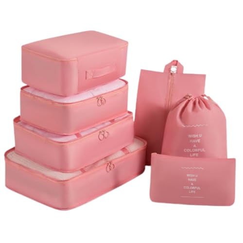 Kit Organizador de Malas para Viagem 7 Peças Conjunto Organizador Completo Bolsas Necessaire Sapatos Maquiagem Roupas Bagagem Organizada (Rosa)
