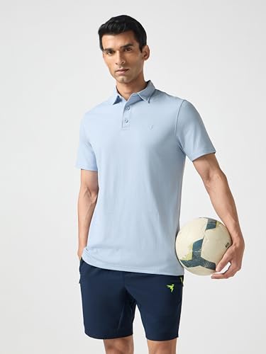 Image of TECHNOSPORT Men's Solid Slim Fit Polo Collar T-Shirt COTFLEX Half Sleeve Button Polyester for Gym Running Workout UPF50+ Anti Odour