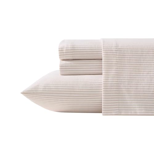 Image of Laura Ashley - Flannel Sheets Twin Size, Anti-Pilling & Wrinkle Resistant Cotton, Touchably Soft for All-Season Comfort - Bed Sheets with Matching Pillowcase & Fitted Sheet (Oxfordshire Stripe Beige)