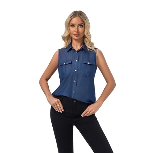 FASHIONSPARK Jean Sleeveless Collared Shirts for Women, Button Down Casual Blouse Women Denim Tank Top with Pockets2