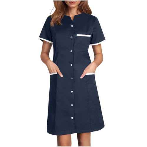 Scrubs Dress for Women - Button Front Nursing Workwear - Casual Housekeeping Dresses with Pockets
