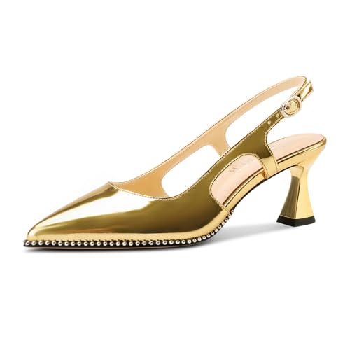Image of TNYNFBEB Womens Kitten Heel Pointed Toe Pumps Sliver Beaded Slingback Slip-on Buckle Prom Dress Basic Classic Patent Leather Summer 2.6 Inches Heels