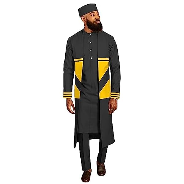 Afrikaans herenpak Katoen Batik Effen kleur Hoed Lange jas Knop aan de binnenkant Slanke broek Casual feestjurk Vierdelige set