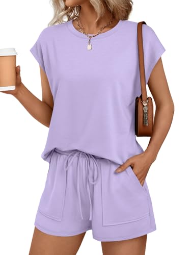 Image of AUTOMET Womens Crew Neck Two Piece Short Sets Cap Sleeve Drawstring Summer Sweatsuit with Pocket