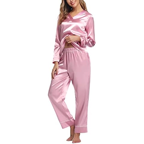 Irdcomps Women Pyjamas Set Silk Long Sleeve Ladies Pyjamas Satin Nightwear 2 Pieces V Neck Loungewear Comfy Sleepwear Pj Sets for All Seasons A# Pink XXL Cover