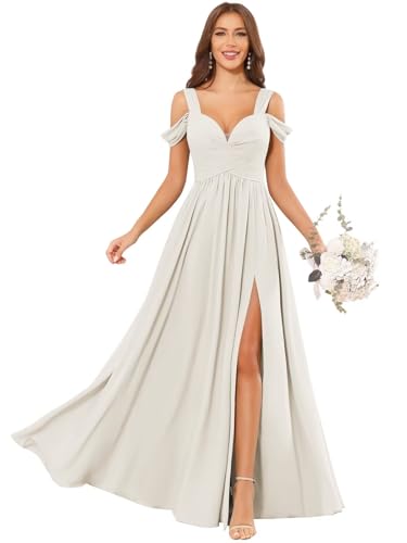 Off The Shoulder Bridesmaid Dresses for Women Long Chiffon A-Line Formal Evening Dress with Slit