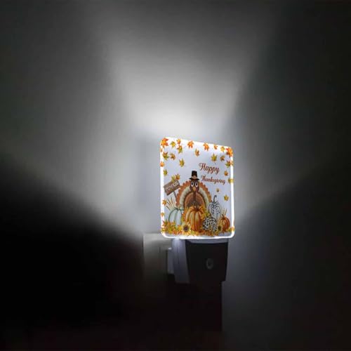 Image of Night Light Plug in LED Thanksgiving Farm Turkey Pumpkin Sunflowers Automatic Night Light,Square Night-Light Plug into Wall for Bedroom Bathroom Kitchen Hallway Decor