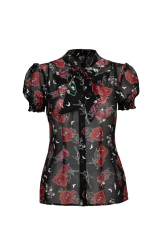 Hell Bunny Chemisier Blooming Elle à Fleurs, col noué, en Mousseline de Soie rétro à Manches Bouffantes, Noir, Taille M