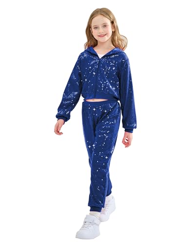 Image of LOLANTA 2Pcs Girls Dance Outfits Cropped Sequin Jacket Pants Set, Kids Hip Hop Dance Costumes for 80s 90s Party 5-15 Years