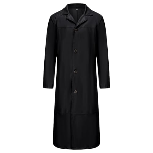 Gabardina de cuero negra para hombre, chaqueta larga vintage de longitud completa, abrigo clásico tipo cárdigan para otoño e invierno.