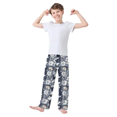 Pajama Pants Sleep Pants Soft Elastic Waist Pajama Lounge Pants Denim Background Ornate Floral for 6-14 Years Old3