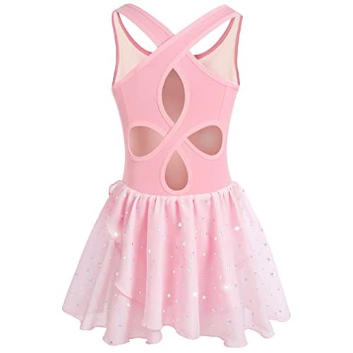 DANSHOW Ballet Leotards for Girls Dance Skirted Leotard Kids Ballet Tutu Dress Toddler Shiny Ruffle Sleeve Dancewear 6-7 Years Xa-sequins Pink