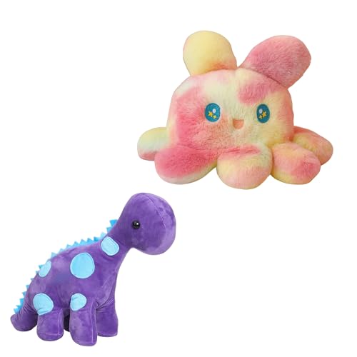 Image of TOYTALES Soft Toy Combo Pack Cute Purple Dinosaur & Rainbow Mimi Octopus Plush Toy for Kids (Pack of 2)