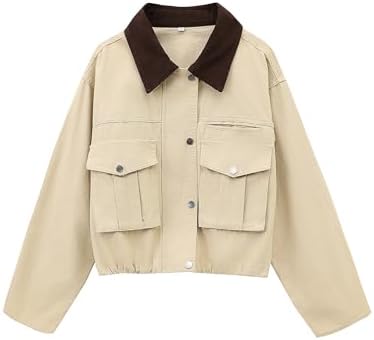 Womens Cropped Jacket Contrast Collar Utility Coat Cargo Jacket B...