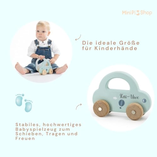minipishop® Babygeschenke zur Geburt Junge personalisiert -Holzauto ab 1 Jahr als Spielzeug oder Babygeschenk Geburt türkis Erstes Auto mit Namen
