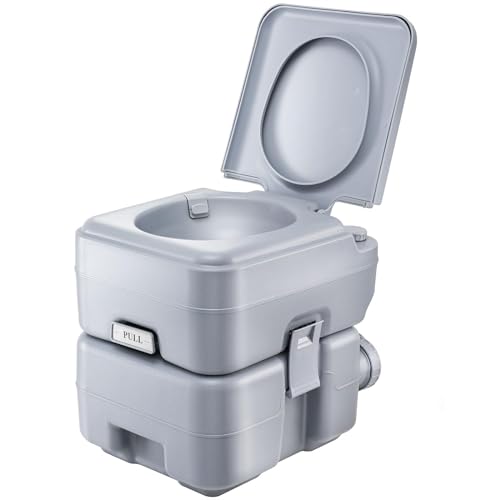 Image of 5.3-Gallon Portable Travel Toilet | Features Detachable Holding Tank /Sealing Slide Valve & Bellow-Type Flush | Easy Transport w /Compact Lightweight Design & Carry Handle | Gray