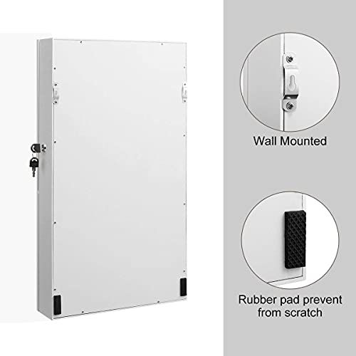 Paranta Lockable Jewelry Cabinet Armoire Wall Mount Touch Screen Led Ligth Mirrored Jewelry Storage Organizer White 24.8" H X 14.2" W X 3.6" D #TOP6