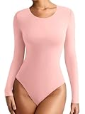 REORIA Womens Long Sleeve Bodysuits Fall Fashion Clothes 2025 Basic Round Neck Lightweight Double Lined Layering Undershirt Slim Body Suit Tops (Light Pink Large)