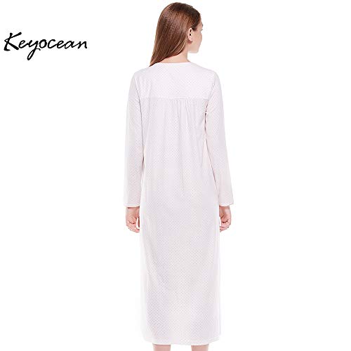 Keyocean Women Nightgown 100% Cotton Embroidered Printing Long Sleeve Long Nightgown Sleepwear, Cream, Large