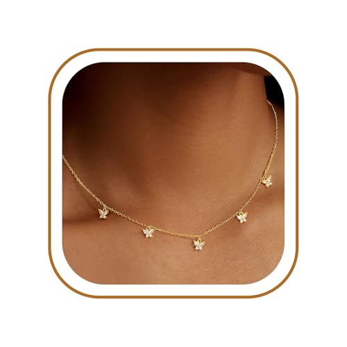 Ursteel 14K-Gold-Plated Butterfly Necklace for Women, Dainty 14K-Gold-Plated Necklace for Women Non Tarnish Station Necklaces Cubic Zirconia Butterfly Wedding Prom Bridesmaids Gifts