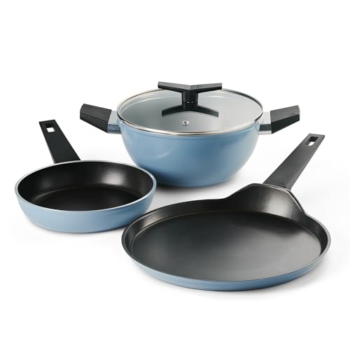 Image of Tramontina Chroma Cookware Set of 4 - Kadhai 22 cm with Lid, Fry Pan 20 cm, Dosa Tawa 28 cm | Ceramic Reinforced Cookware | Cold Forged Aluminium | Bakelite Handle | All Cooktop Compatible Blue