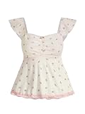SHENHE Women's Floral Lace Trim Sweetheart Neckline Cap Sleeve Ruffle Peplum Cute Top Multicolor Medium