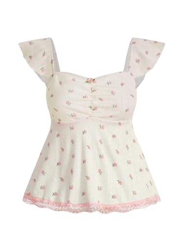 SOLY HUX Women's Floral Print Lace Trim Sweetheart Neck Cap Sleeve Peplum Tee Tops Multicoloured Floral Large