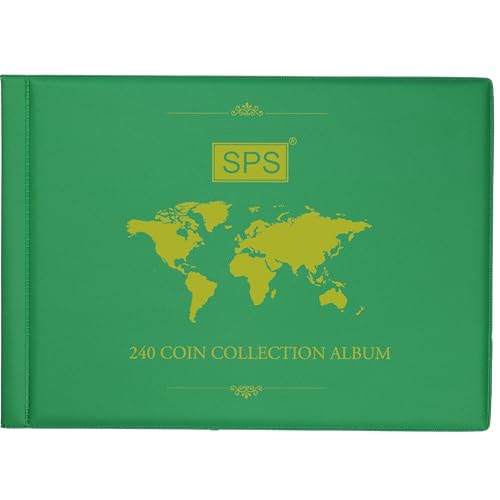 Image of SPS Coin Collection Album - 240 Pockets | Holds Small & Large Coins | 14 Sheets | Premium Storage for Collectors | Coin Organizer | Emerald Green