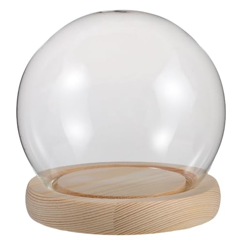 SUPVOX Cloche en Verre Ronde Transparente 11 Cm avec Socle en Bois Dôme de Verre D’Exposition pour Décoration de Table, Protection Anti-poussière, Globe...