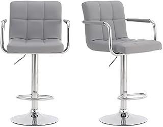 Millhouse Pair of Cuban Bar Stools Set of 2 with Arms Leatherette Exterior, Adjustable Swivel Gas Lift, Chrome Footrest Base for Breakfast Bar DM717 (SilverGrey-)