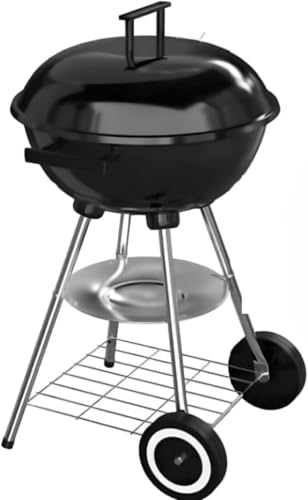 Barbecue à Charbon de Bois Rond 4 pieds (stable) avec Couvercle (fumoir) et Roulettes, Noir, Acier Inoxidable, pieds chromés (Barbecue Kettle)
