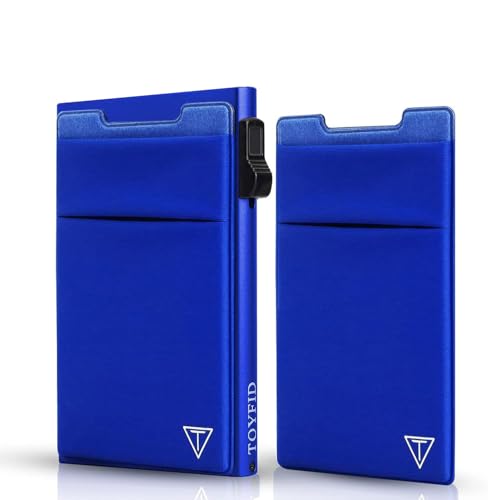 Image of TOYFID Aluminum Wallet for Men - RFID Protected, Scratch Resistant, Large Capacity, Extra Pocket, Sliding Button, Blue