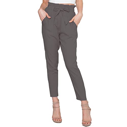 Maiyifu-GJ Women's Paper Bag Belted Pencil Pants Casual Slim Fit Self Tie Office Trouser High Elastic Waist Solid Comfy Pant (Dark Grey,Large)
