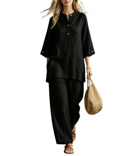Conjunto de dos piezas para mujer con camisa de cuello de botón y pantalón holgado de pierna ancha