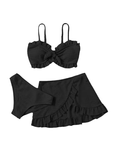 Image of SHENHE Girl's 3 Piece Cute High Waisted Ruffle Trim Swimsuit Bikini Sets with Beach Skirt