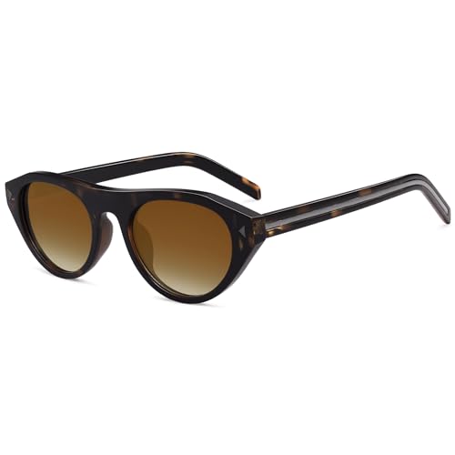 VANLINKER Retro Small Oval Sunglasses for Women Men Trendy Narrow Round Cateye Shades VL9915,Tortoise/Gradient Brown