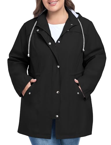 FOREYOND Plus Size Rain Jackets for Women Long Lightweight Hooded Raincoats Waterproof Windbreakers Outdoor Travel - Main Image