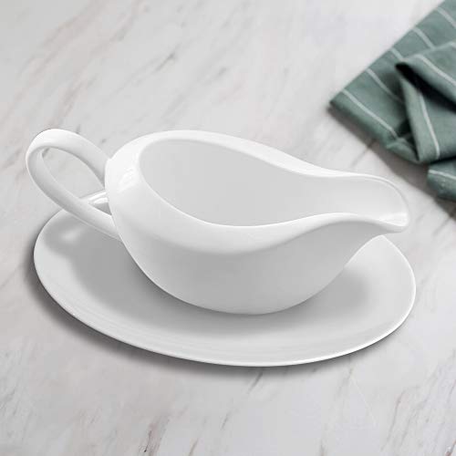 Cobata Ceramic Gravy Boat with Tray-Microwave & Dishwasher Safe/White (12 oz)/Stocking Stuffer