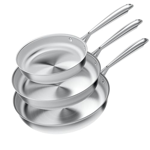 COOKNANO 3-teiliges Pfannenset 20 + 26 + 30 cm, Edelstahlpfanne unbeschichtet, langlebig, leicht zu reinigen, hochwertige Edelstahlgriffe, geeignet für alle Herdarten, spülmaschinenfest