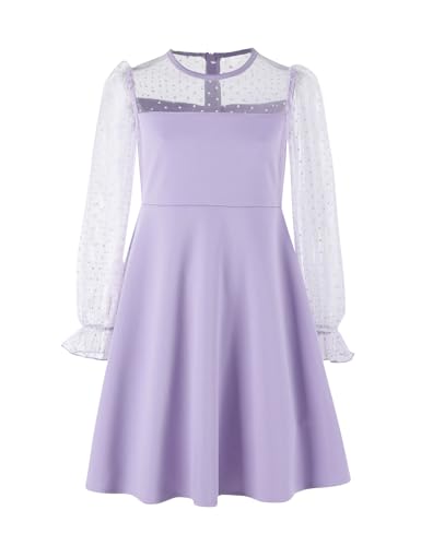 Girl's Contrast Mesh Puff Long Sleeve Girls Fall Dresses High Waist A Line Casual Party Wedding Dress 5-14 Years