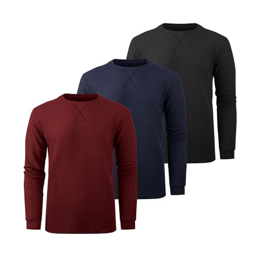 Image of 3 Pack Mens Waffle Shirts Long Sleeve Casual T-Shirt | Lightweight, Regular Fit, Waffle Knit, Crew Neck, Stylish Design, Pullover Top, Work, Daily