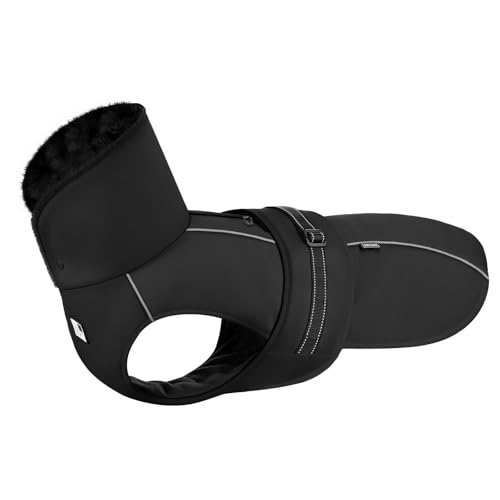 OneTigris Hundemantel, STORMWALL Wasserdicht Hundejacke mit Verstellbarer Rückenlänge Fleecefutter Reflektierend und Fellkragen für Wanderungen Outdoor für Mittelere & Große Hunde Schwarz M