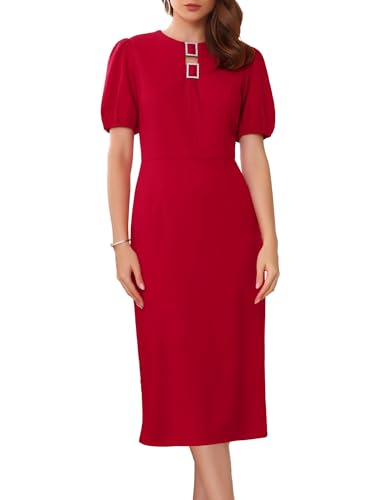 Women's Formal Sheath Dress Puff Sleeve Keyhole Round Neck Elegant Business Midi Pencil Dresses