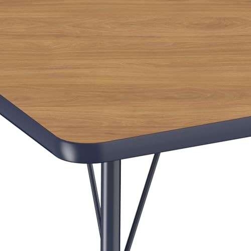 Image of FDP Horseshoe (60 x 66 inch) Collaborative Teacher Classroom Table with Adjustable Standard Swivel Glide Legs (19-30 in) School and Office Furniture - Pasadena Oak Top /Navy Edge and Legs