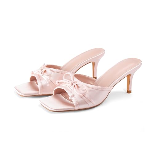 Open Toe Stiletto Heels Mules Sandals for Women Slip On Square Toe Bowtie Middle Heeled Wedding Party Dressy Shoes2