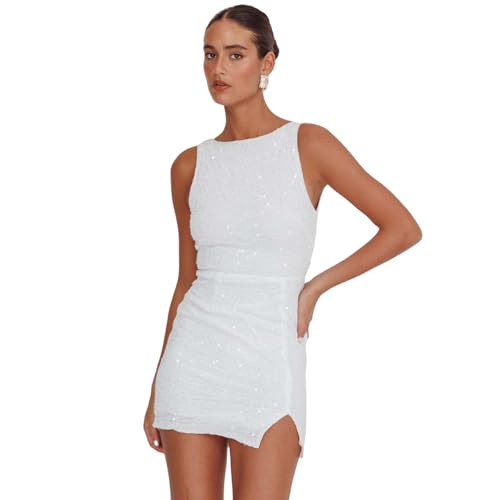 Women's Sexy Backless Sparkly Sequin Mini Dress Split Hem Glitter Velvet Tank Dress Prom Party Cocktail Dress